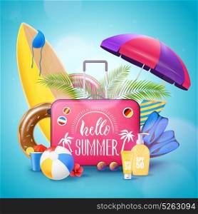 Summer Beach Vacation Background Poster. Summer tropical island beach resort vacation advertisement background poster with surfboard luggage suncream and bikini vector illustration