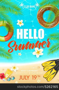 Summer Beach Vacation Club Poster. Tropical summer vacation beach club colorful invitation poster with lifebuoy ring suncream and hibiscus flowers vector illustration