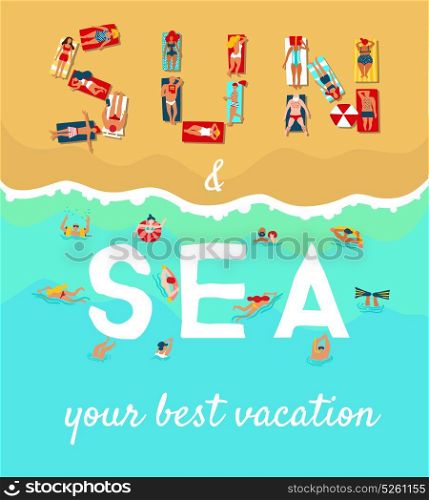 Summer Beach Vacation Flat Poster. Summer sea beach vacation flat advertising poster with sunbathing diving and swimming people vector illustration
