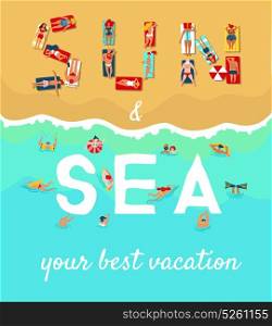 Summer Beach Vacation Flat Poster. Summer sea beach vacation flat advertising poster with sunbathing diving and swimming people vector illustration