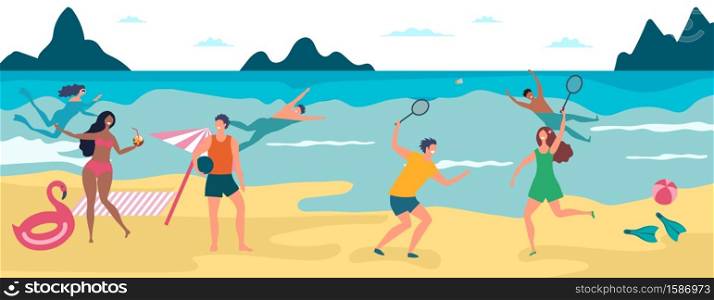Summer beach vacation. Happy boys and girls swimming and having sunbathes. Activity sea people, summer tourism and vacation illustration. Summer beach vacation. Happy boys and girls swimming and having sunbathes