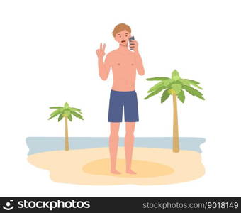 summer beach vacation theme. A happy smiling man in swim suit selfie with the beach background. Flat Vector illustration