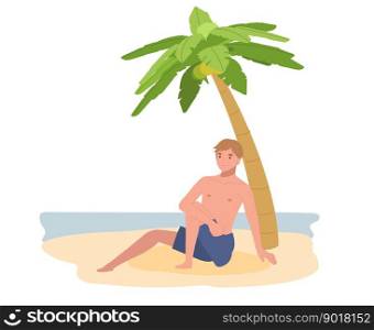 summer beach vacation theme. A happy smiling man in swim suit sitting on the beach. Flat Vector illustration