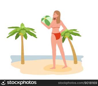 summer beach vacation theme. girl in bikini holding beach ball on the beach. background with sea, coconut trees. Flat Vector illustration