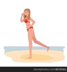summer beach vacation theme. Happy girl in bikini on the beach.Flat Vector illustration