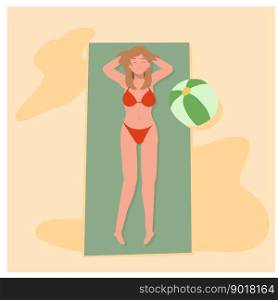 summer beach vacation theme. Happy girl in bikini on the beach is lay down and sunbathing.Flat Vector illustration