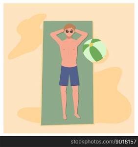 summer beach vacation theme. Happy man in swim suit on the beach is lay down and sunbathing.Flat Vector illustration