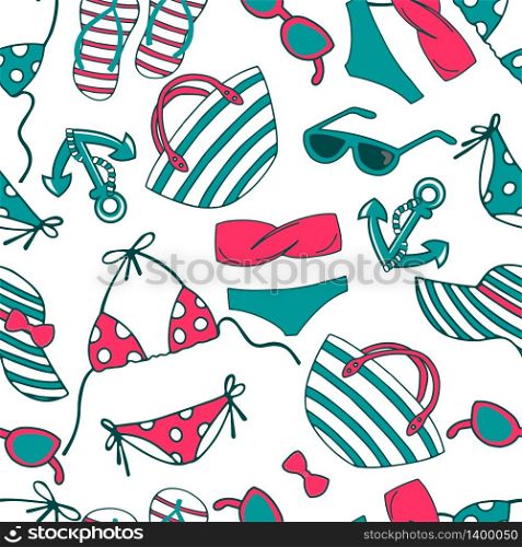 Summer beach vector seamless pattern with striped beach bag, sun hat, bikini swimsuit, anchore, sunglasses, summer flip-flop. Can be used for textile, clothing, wallpaper, scrapbooking. Summer beach vector seamless pattern with striped beach bag, sun hat, bikini swimsuit, anchore, sunglasses, summer flip-flop.