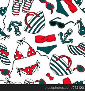 Summer beach vector seamless pattern with striped beach bag, sun hat, bikini swimsuit, anchore, sunglasses, summer flip-flop. Can be used for textile, clothing, wallpaper, scrapbooking. Summer beach vector seamless pattern with striped beach bag, sun hat, bikini swimsuit, anchore, sunglasses, summer flip-flop.
