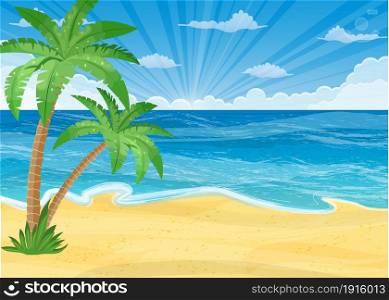 Summer beach with a sun, palm trees and cloudless sky. Template for your poster. Summer beach with a sun,