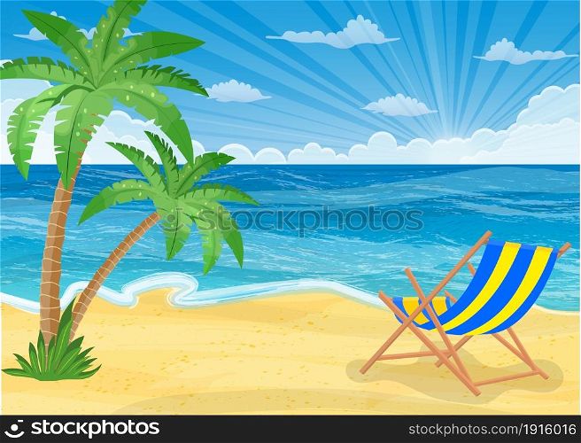 Summer beach with a sun, palm trees and sky. Template for your poster. Summer beach with a sun,