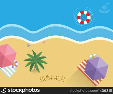 Summer beach with palm and sand. Umbrella and towel with rubber ring. Sea side holiday illustration of vacation. Tropical ocean and sea stars. Vector EPS 10.