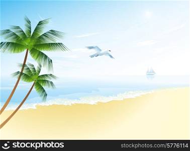Summer beach with palm trees and seagull vector illustration. Summer beach with palm trees