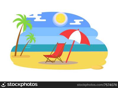 Summer beach with recliner under umbrella near sea. Palm trees, sun in blue sky, golden sand beside ocean or bay cartoon vector illustration isolated.. Summer Beach with Recliner under Umbrella near Sea