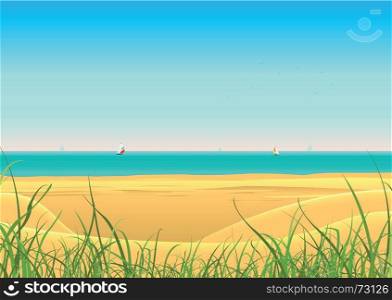Summer Beach With Sailboat Postcard Background. Illustration of a summer sunny beach poster background, horizon over water and sailboats
