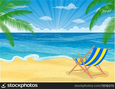 Summer beach with sun, chair, palm trees and sky. Template for your poster. Summer beach with a sun,