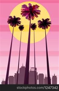 Summer beatiful sunset backgrounds with palms trees cityscape, sky horison. Summer beatiful sunset backgrounds with palms trees cityscape, sky horison. Vector illustration, isolated, template, baner, card, poster