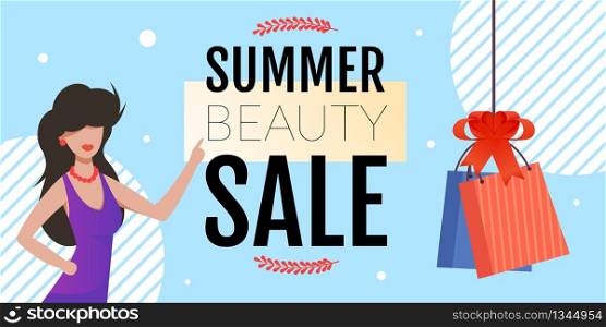 Summer Beauty Sale Advertising Cartoon Banner. Cosmetics, Care Products and Clothes Discount for Salons, Fashion Shops. Woman Inviting Go Shopping. Vector Flat Illustration in Romantic Floral Style. Summer Beauty Sale Advertising Cartoon Banner
