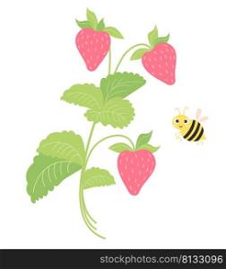 Summer Berry. Branches of strawberries with fruits and cute bee. Vector illustration