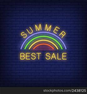 Summer Best Sale neon sign. Vector illustration with glowing yellow text and rainbow on dark brick wall. Template for night bright banners, billboards, signboards