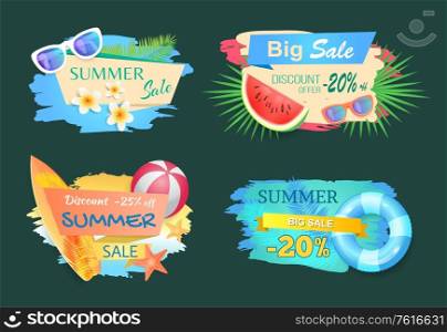 Summer big sale banners and text on stripes set vector. Good deal and bargain, proposition and best choice. Surfing board and ball, sunglasses flower. Summer Big Sale Banners Text Vector Illustration