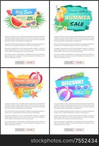 Summer big sale banners online web pages. Surfing board and ball, sunglasses and flower, watermelon and cocktail, starfish on beach, best discounts. Summer Big Sale Banners Online Web Pages Vector