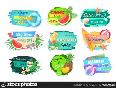 Summer big sale banners set. Posters with leaves of trees, cocktails and fruits. Watermelon and pineapple, surfing board and volleyball ball vector. Summer Big Sale Banners Set Vector Illustration