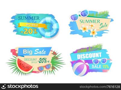 Summer big sale discounts, banners set vector. Summertime seasonal proposition and clearance, good deal for customers. Watermelon fruit and glasses. Summer Big Sale Discounts Set Vector Illustration