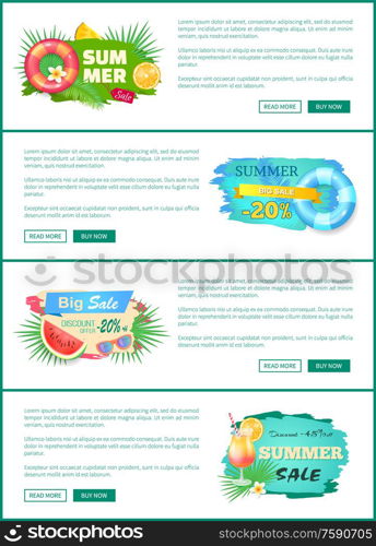 Summer big sale discounts poster set with text vector. Lifebuoy and watermelon, cocktail with straw and orange slice. Promotion seasonal new offers. Summer Sale Discounts Poster Vector Illustration