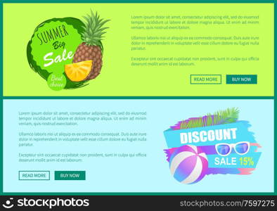 Summer big sale posters set with text sample. Pineapple and ball for playing games at beach. Accessory protecting from sun, sunglasses discount vector. Summer Big Sale Posters Set Vector Illustration