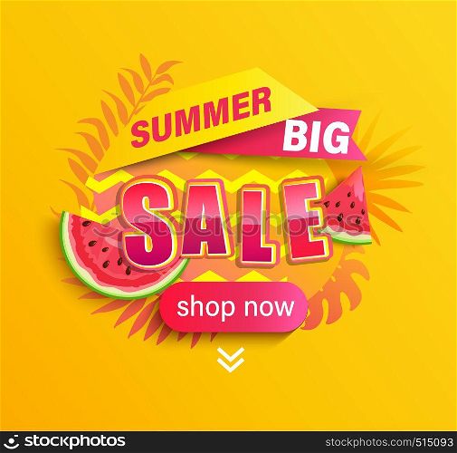 Summer big Sale promotion,season discount banner with tropical leaves,watermelon.Invitation for limited time shopping, special offer card, template for design,label,advertising badge,flyer. Vector. Summer big Sale promotion on yellow background.