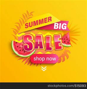 Summer big Sale promotion,season discount banner with tropical leaves,watermelon.Invitation for limited time shopping, special offer card, template for design,label,advertising badge,flyer. Vector. Summer big Sale promotion on yellow background.