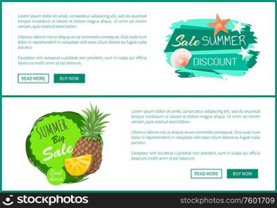 Summer big sale set of posters with text sample. Promotion and special discounts for products. Pineapple and slice of tropical fruit reduction vector. Summer Big Sale Set of Posters Vector Illustration