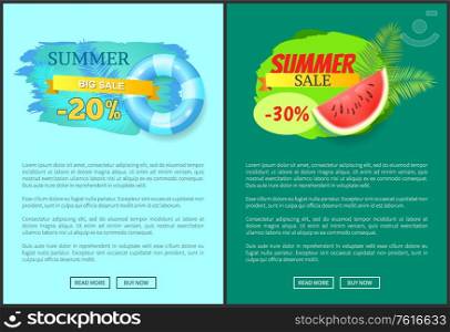 Summer big sale, summertime proposition for clients of shop. Lifebuoy and tropical trees leaves. Watermelon with text promotion, clearance vector. Summer Big Sale Summertime Proposition for Clients