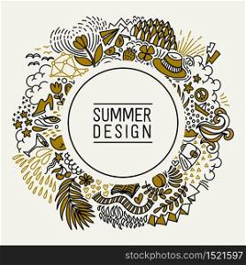 Summer black and gold hand drawn round thin line postcard. Seasonal greeting with word Summer. Doodle summer card with floral elements, flowers, sun, bird, clouds, leaves. Vector illustration.. Summer black and gold hand drawn round thin line postcard. Seasonal greeting with word Summer. Doodle summer card with floral elements, flowers, sun, bird, clouds, leaves.