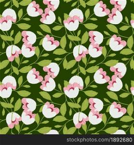 Summer blooming flowers seamless pattern on green background. Floral wallpaper. Beautiful vintage botany texture. Pretty design for fabric, textile print, wrapping, cover. Vector illustration.. Summer blooming flowers seamless pattern on green background.