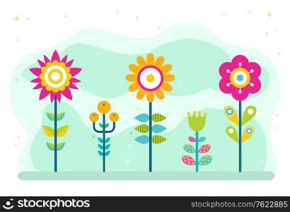 Summer blossom vector, flourishing flowers with stables and foliage. Nature in spring, diversity of flora and decoration, natural greenery and frondage. Flowers in Bloom, Blossom of Spring and Summer