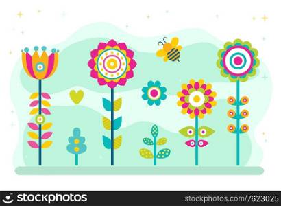 Summer blossom vector, flourishing flowers with stables and foliage. Nature in spring, diversity of flora and decoration, natural greenery and frondage. Flowers in Bloom, Blossom of Spring and Summer