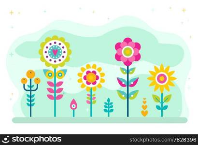 Summer blossom vector, flourishing flowers with stables and foliage. Nature in spring, diversity of flora and decoration, natural greenery and frondage. Flat cartoon. Flowers in Bloom, Blossom of Spring and Summer