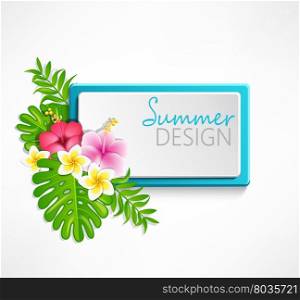 Summer blue frame with tropical flowers, vector illustration.