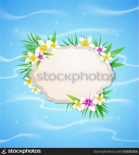 Summer blue marine background with palm branch and flowers