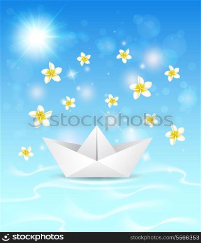 Summer blue marine background with paper boat and flowers