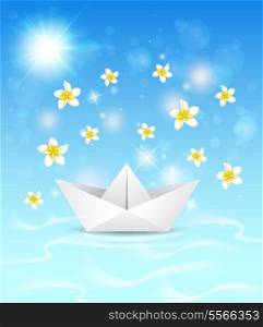 Summer blue marine background with paper boat and flowers