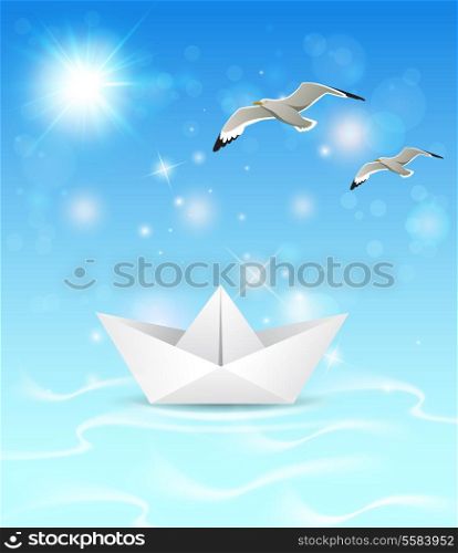 Summer blue marine background with paper boat and seagulls
