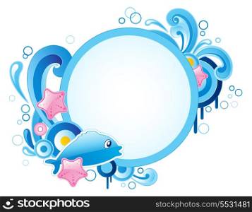 Summer blue marine round banner with dolphin