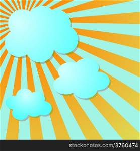 Summer blue sky with sun radial rays and clouds, vector illustration