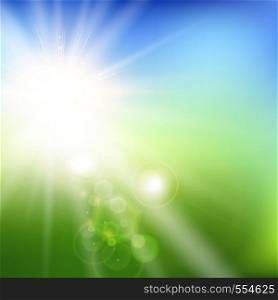 Summer blurred green field and blue sky landscape background with sunlight. Vector illustration