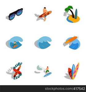 Summer boarding on waves icons set. Isometric 3d illustration of 9 summer boarding on waves vector icons for web. Summer boarding on waves icons set
