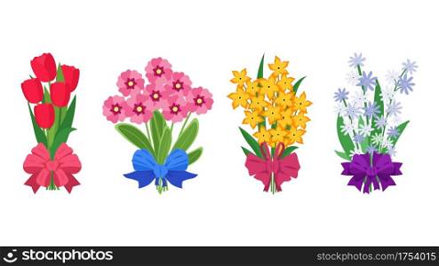 Summer bouquets. Cartoon bunches of flowers tied with silk ribbons. Colorful garden blossoming plants. Decorative floral elements template. Isolated celebrative romantic presents, vector natural set. Summer bouquets. Cartoon bunches of flowers tied with ribbons. Colorful blossoming plants. Decorative floral elements template. Isolated celebrative romantic presents, vector natural set