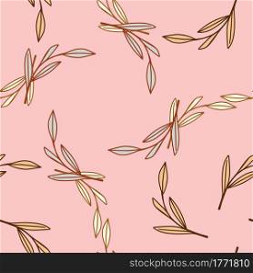Summer bright seamless patetrn with outline random leaf branches print. Pastel pink background. Perfect for fabric design, textile print, wrapping, cover. Vector illustration.. Summer bright seamless patetrn with outline random leaf branches print. Pastel pink background.